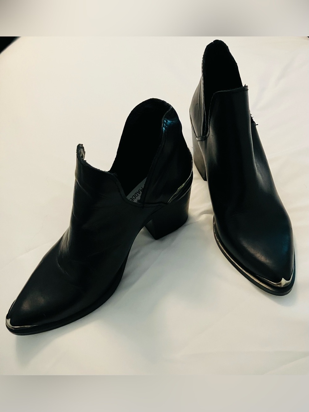 Steve Madden Black Pointed Leather Ankle Booties with Metal Toe Detail